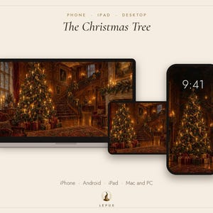 Christmas Tree Wallpaper | Oil Painting Christmas Phone, iPad and Desktop Background | Cozy Victorian Christmas Aesthetic | Digital Download image 3