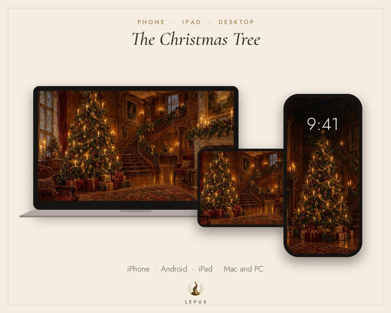 Christmas Tree Wallpaper | Oil Painting Christmas Phone, iPad and Desktop Background | Cozy Victorian Christmas Aesthetic | Digital Download image 3