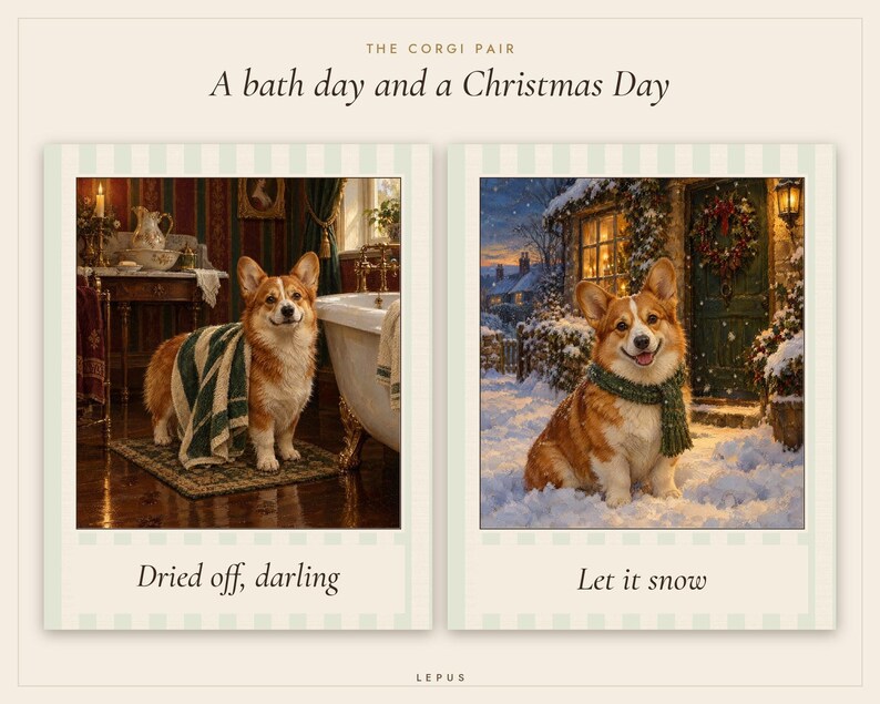 Corgi Gift Set of 2 Prints, Bathroom and Christmas Oil Paintings (Digital Download) image 3