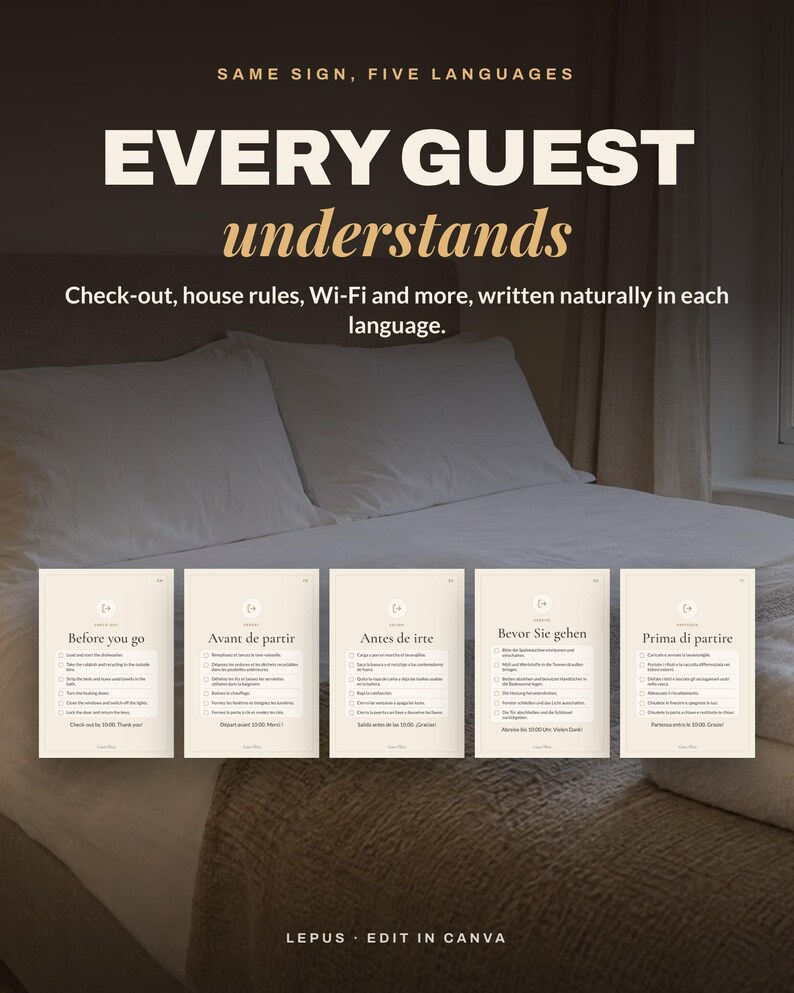 Multilingual Airbnb Signs Template, House Rules, Wi-Fi Sign, Check Out Sign in English French Spanish German Italian, Editable Canva image 2