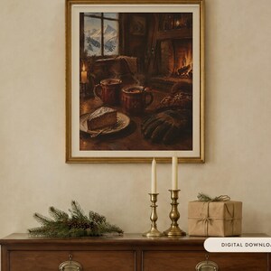 Apres Ski Print, Mulled Wine Oil Painting, Cosy Ski Lodge Wall Art (Digital Download)