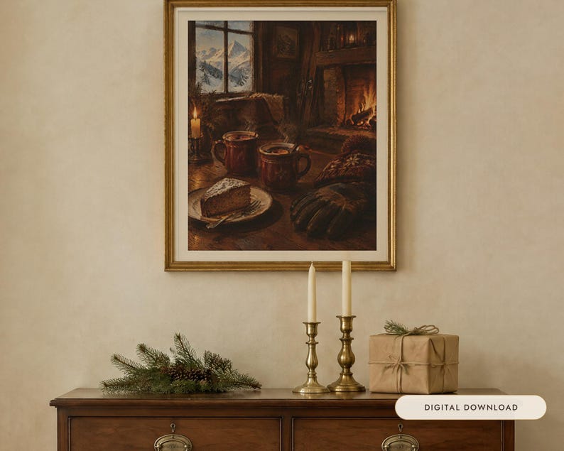 May include: A framed wall art print depicting a cozy indoor scene with two mugs, a slice of cake on a plate, and winter gloves on a table. In the background, a window shows snowy mountains, and a fireplace glows. The text reads DIGITAL DOWNLOAD.