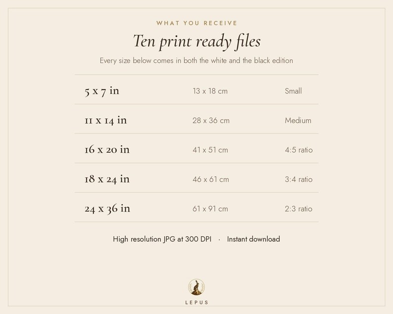 May include: A digital chart titled WHAT YOU RECEIVE Ten print ready files, listing ten sizes in inches and centimeters, including 5x7, 11x14, 16x20, 18x24, and 24x36 inches. It notes white and black editions, 300 DPI resolution, and instant download.