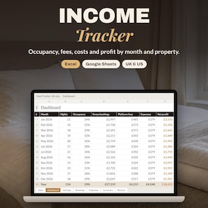 May include: A digital holiday let spreadsheet income tracker displayed on a laptop screen. The dashboard shows monthly data for nights, occupancy, gross bookings, platform fees, expenses, and net profit in British pounds for the year 2026.