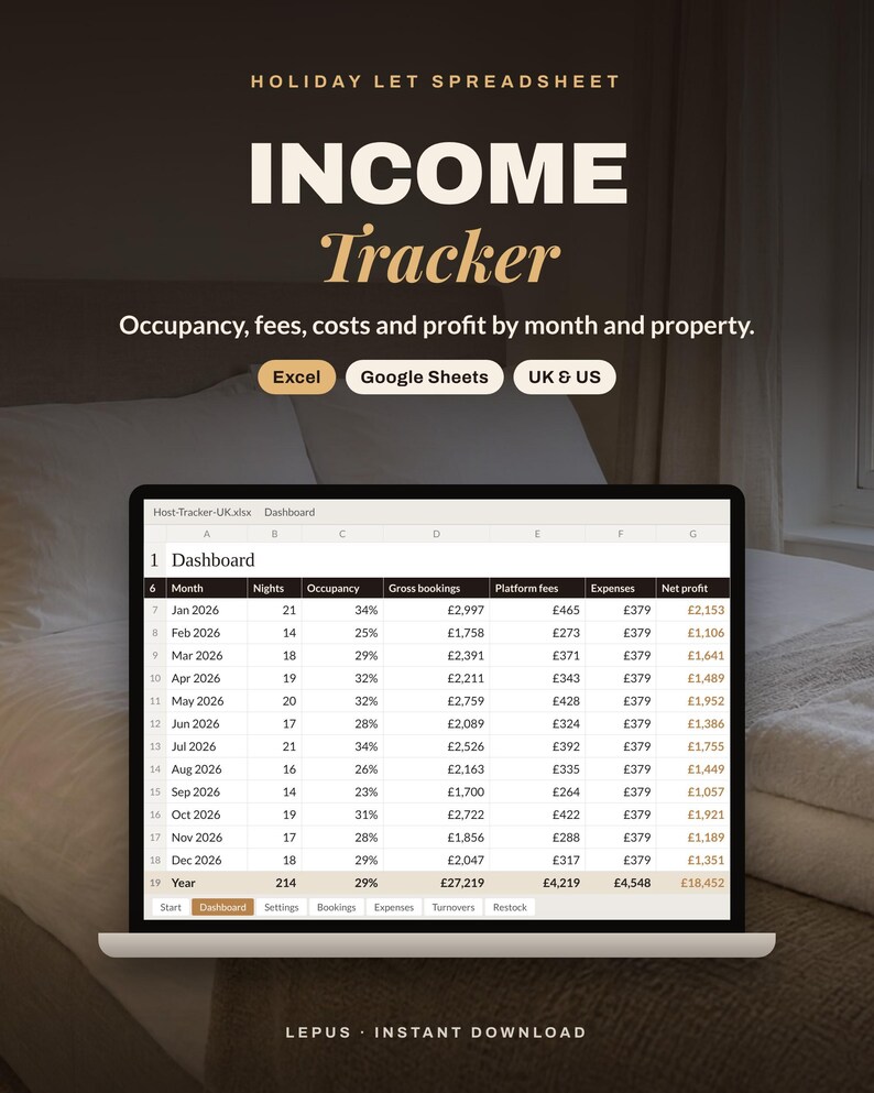 May include: A digital holiday let spreadsheet income tracker displayed on a laptop screen. The dashboard shows monthly data for nights, occupancy, gross bookings, platform fees, expenses, and net profit in British pounds for the year 2026.