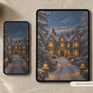 Winter Manor Wallpaper | Oil Painting Christmas Phone, iPad and Desktop Background | Cozy Old Money Aesthetic | Digital Download image 1