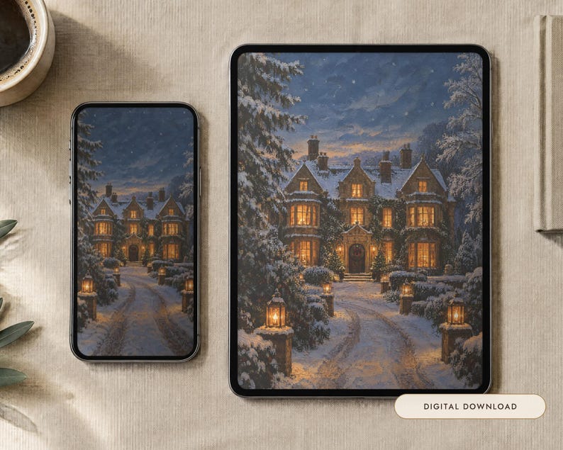 Winter Manor Wallpaper | Oil Painting Christmas Phone, iPad and Desktop Background | Cozy Old Money Aesthetic | Digital Download image 1