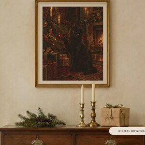 Black Cat Christmas Print, Vintage Oil Painting, Cat Lover Gift (Digital Download)