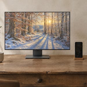 May include: A computer monitor displaying a snowy forest landscape with birch trees and a sunset, positioned on a wooden desk next to a ceramic mug, a smartphone on a wooden stand, and a notebook.