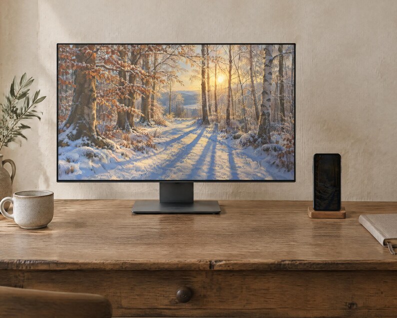 May include: A computer monitor displaying a snowy forest landscape with birch trees and a sunset, positioned on a wooden desk next to a ceramic mug, a smartphone on a wooden stand, and a notebook.