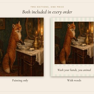 Fox at the Washstand Print | Funny Bathroom Wall Art | Vintage Animal Oil Painting | Wash your hands you animal | Digital Download image 3