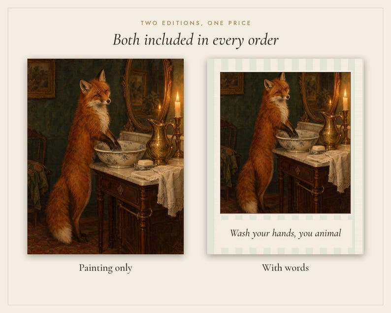 Fox at the Washstand Print | Funny Bathroom Wall Art | Vintage Animal Oil Painting | Wash your hands you animal | Digital Download image 3