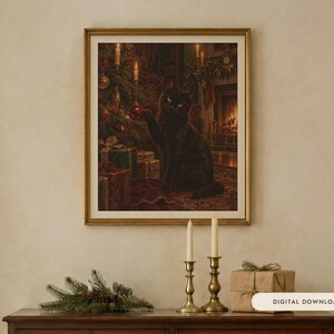 Black Cat Christmas Print, Vintage Oil Painting, Cat Lover Gift (Digital Download)
