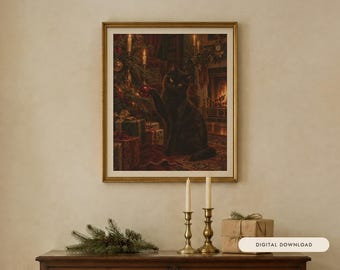 Black Cat Christmas Print, Vintage Oil Painting, Cat Lover Gift (Digital Download)