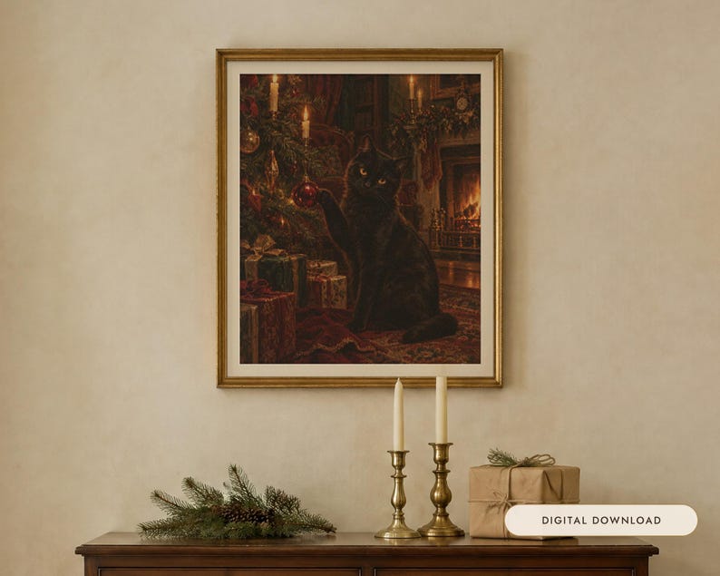 Black Cat Christmas Print, Vintage Oil Painting, Cat Lover Gift (Digital Download) image 1