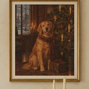 Golden Retriever Christmas Print, Vintage Oil Painting, Dog Lover Gift (Digital Download) image 2