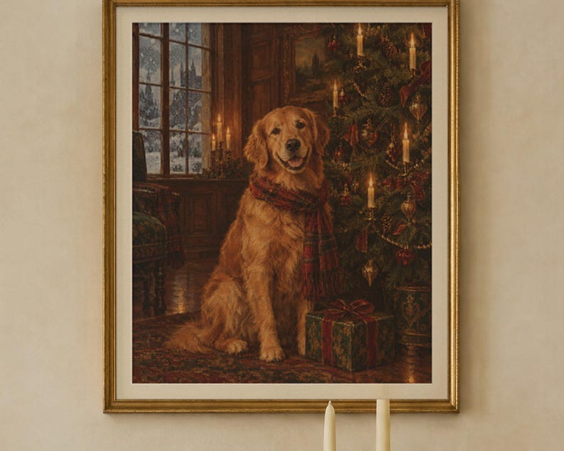 Golden Retriever Christmas Print, Vintage Oil Painting, Dog Lover Gift (Digital Download) image 2