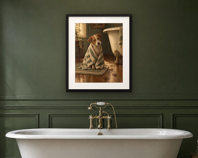 May include: A framed wall art print depicting a brown and white terrier dog wrapped in a green and white striped towel, sitting on a bathroom rug next to a clawfoot bathtub with muddy paw prints on the wooden floorboards.