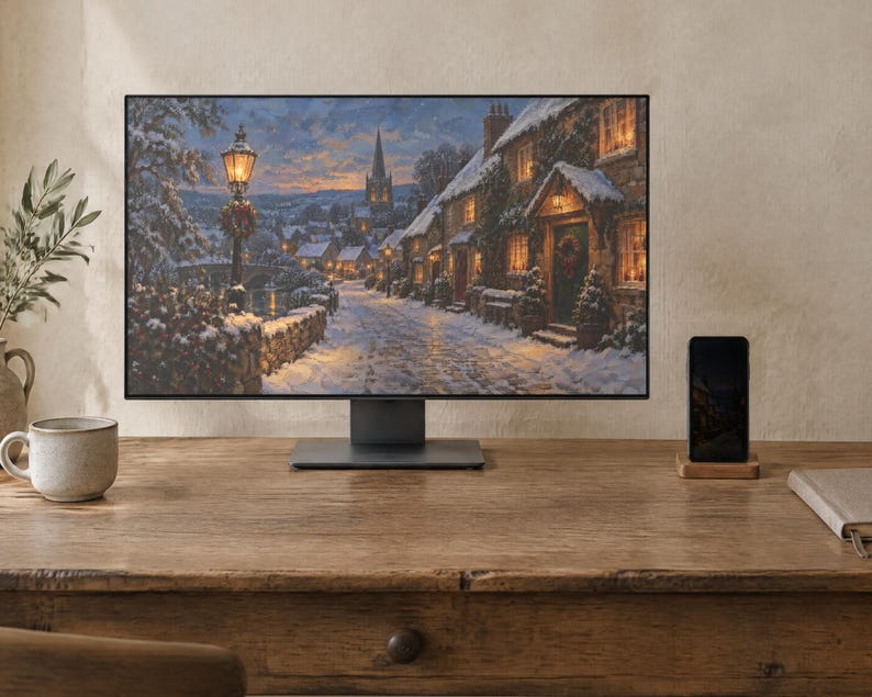 May include: A computer monitor displaying a winter village scene with snow-covered stone cottages, a lit street lamp, and a church steeple at dusk. The monitor sits on a wooden desk next to a smartphone on a stand and a ceramic mug.