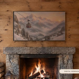 Frame TV Art: The Red Cable Car, Alpine Mountain Oil Painting (Digital Download) image 1