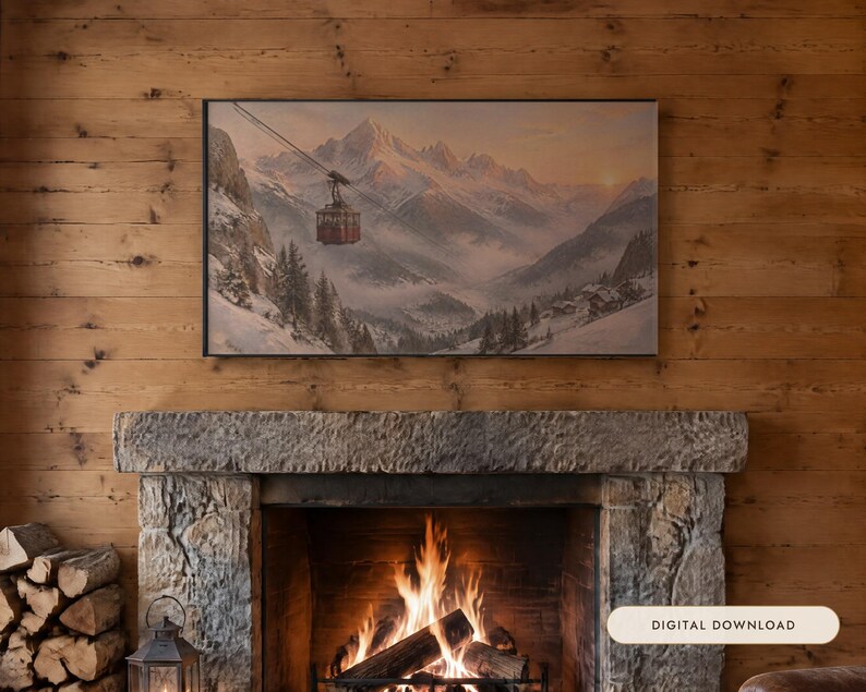 Frame TV Art: The Red Cable Car, Alpine Mountain Oil Painting (Digital Download) image 1