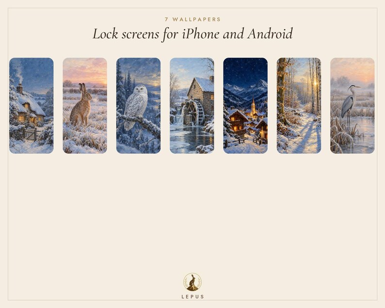 May include: Seven digital wallpapers for iPhone and Android featuring winter scenes: a snow-covered cottage, a rabbit, a snowy owl, a water mill, a mountain village at night, a sunlit forest path, and a heron. Text reads: 7 WALLPAPERS Lock screens for iPhone and Android.