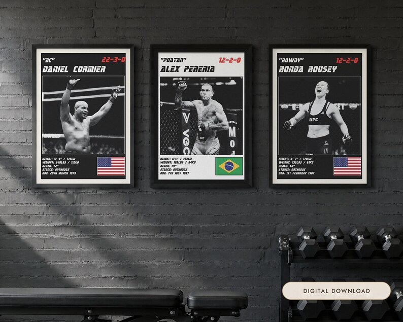 Zestaw 3 plakatów MMA | Kolekcja Mistrzów | Cormier, Pereira, Rousey | Zestaw plakatów ściennych do siłowni | Pobieranie cyfrowe zdjęcie 1
