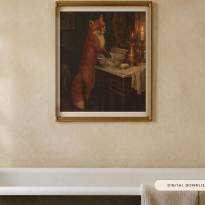 Fox at the Washstand Print | Funny Bathroom Wall Art | Vintage Animal Oil Painting | Wash your hands you animal | Digital Download