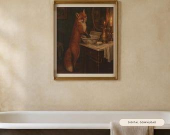 Print van een vos bij de wastafel | Grappige muurdecoratie voor de badkamer | Vintage olieverfschilderij met dieren | Was je handen, jij beest! | Digitale download