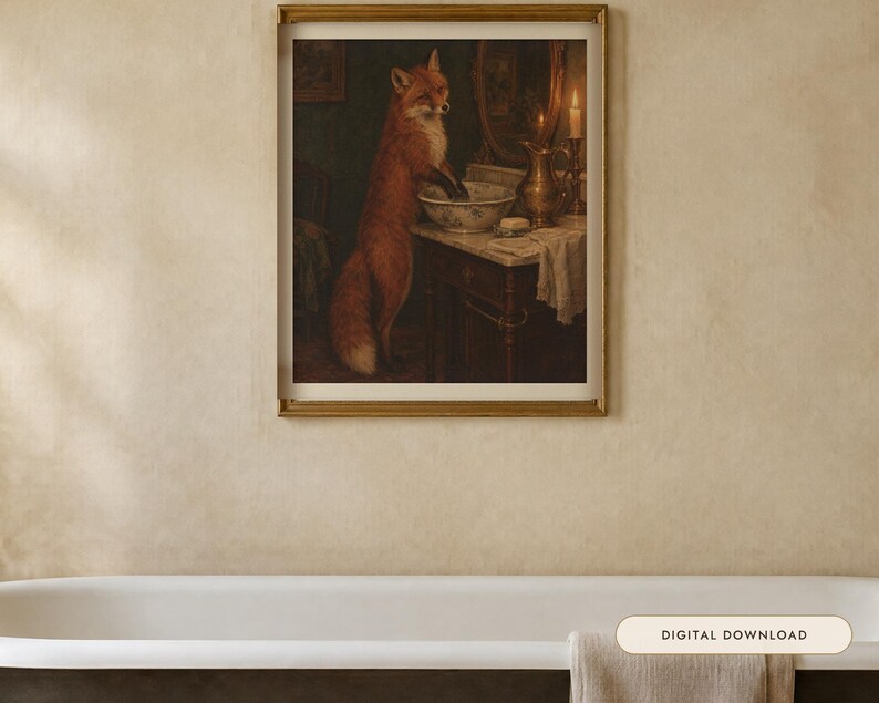 Fox at the Washstand Print | Funny Bathroom Wall Art | Vintage Animal Oil Painting | Wash your hands you animal | Digital Download image 1