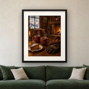 May include: A framed wall art print depicting a cozy indoor scene with two red mugs, a slice of cake on a plate, and a pair of knit gloves on a wooden table. In the background, a window shows snow-capped mountains, and a fireplace glows.