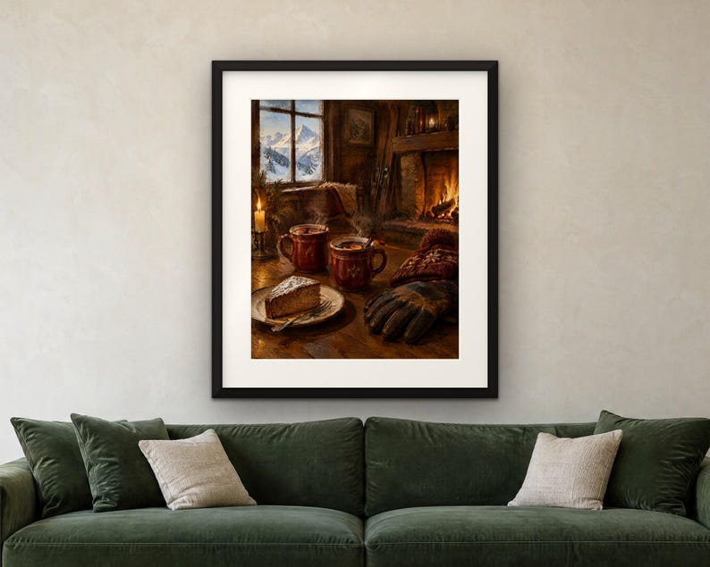 May include: A framed wall art print depicting a cozy indoor scene with two red mugs, a slice of cake on a plate, and a pair of knit gloves on a wooden table. In the background, a window shows snow-capped mountains, and a fireplace glows.