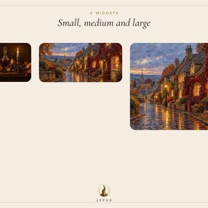 May include: A digital display featuring 6 widgets in small, medium, and large sizes. The image shows three rectangular previews of landscape paintings, including a still life with a candle and two village street scenes at dusk. The text reads 6 WIDGETS, Small, medium and large, and LEPUS.