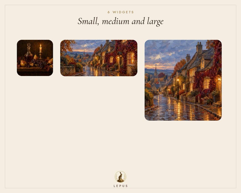 May include: A digital display featuring 6 widgets in small, medium, and large sizes. The image shows three rectangular previews of landscape paintings, including a still life with a candle and two village street scenes at dusk. The text reads 6 WIDGETS, Small, medium and large, and LEPUS.