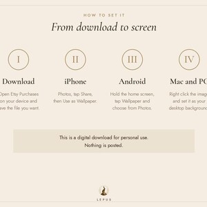 May include: An instructional graphic titled How to set it: From download to screen. It lists four steps for setting digital wallpapers on iPhone, Android, Mac, and PC, with a note stating this is a digital download for personal use.
