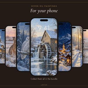 Winter Phone Wallpaper, Frozen Mill Oil Painting | Snowy Christmas iPhone, iPad and Desktop Background | Digital Download image 4