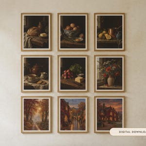 Cottagecore Gallery Wall Set of 9 | Vintage Still Life and Country Oil Painting Prints | Earthy Farmhouse Wall Art Bundle | Digital Download