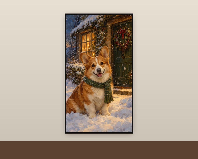 Op de afbeelding: Een ingelijste kunstdruk met een bruin-witte Corgi die een donkergroene gebreide sjaal draagt, zittend in de sneeuw voor een huis met een verlicht raam en een feestelijke krans aan de deur tijdens een winteravond.