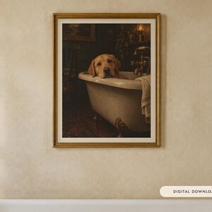 Yellow Labrador Bathroom Wall Art, Funny Dog Oil Painting Print (Digital Download)