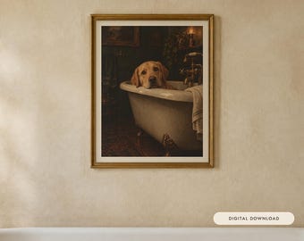 Yellow Labrador Bathroom Wall Art, Funny Dog Oil Painting Print (Digital Download)