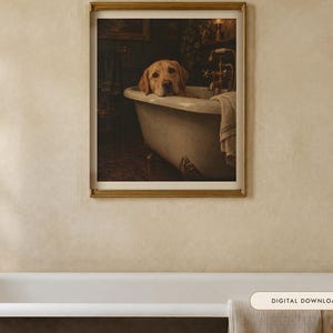 Yellow Labrador Bathroom Wall Art, Funny Dog Oil Painting Print (Digital Download) image 1