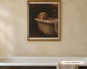 Żółty labrador, dekoracja ścienna do łazienki, zabawny obraz olejny z psem (do pobrania cyfrowego)