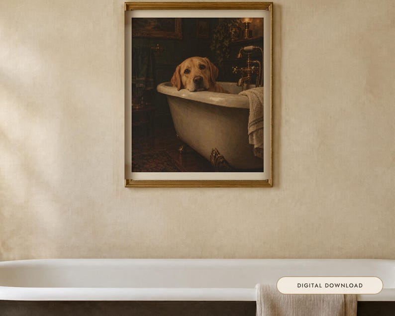 Yellow Labrador Bathroom Wall Art, Funny Dog Oil Painting Print (Digital Download) image 1