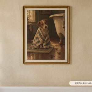 Terrier in a Towel Print | Funny Bathroom Wall Art | Vintage Animal Oil Painting | Who let you in | Digital Download