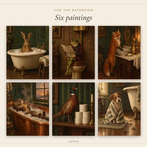 Kitchen and Bath Wall Art Bundle of 12 | Vintage Oil Painting Prints | Bathroom Animals and Kitchen Still Life | Digital Download image 5