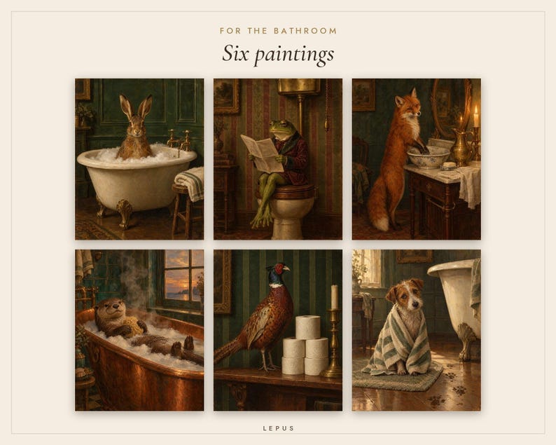 Kitchen and Bath Wall Art Bundle of 12 | Vintage Oil Painting Prints | Bathroom Animals and Kitchen Still Life | Digital Download image 5