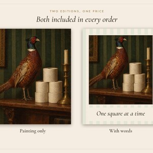 Pheasant and the Loo Roll Print | Funny Bathroom Wall Art | Vintage Animal Oil Painting | One square at a time | Digital Download image 3