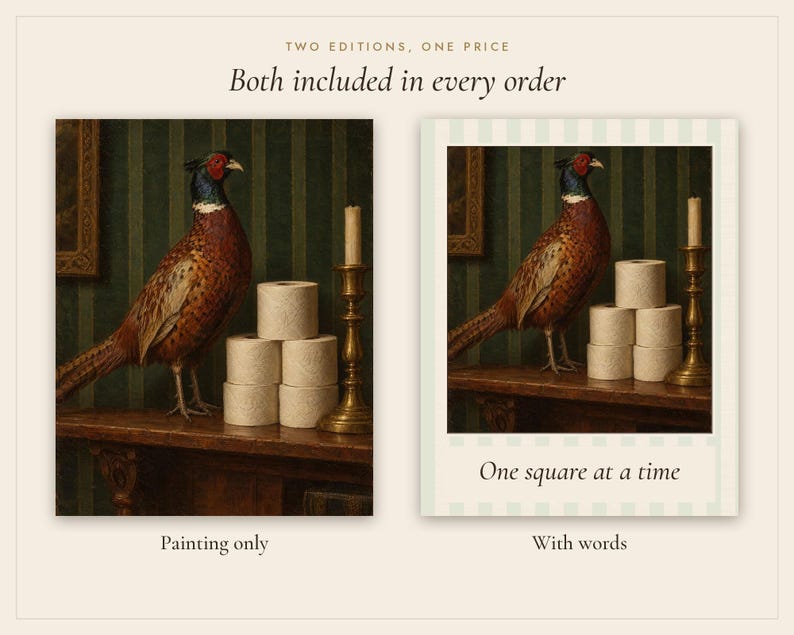 Pheasant and the Loo Roll Print | Funny Bathroom Wall Art | Vintage Animal Oil Painting | One square at a time | Digital Download image 3