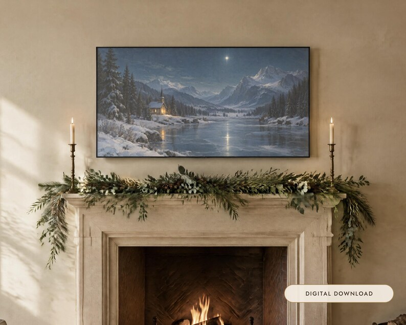 Frame TV Art: Silent Night, Snowy Chapel Christmas Oil Painting (Digital Download) image 1
