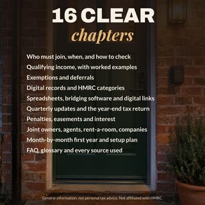 May include: A digital document cover featuring the text WHAT'S INSIDE 16 CLEAR chapters followed by a list of tax-related topics including qualifying income, digital records, HMRC categories, and tax return procedures, set against a dark green door.